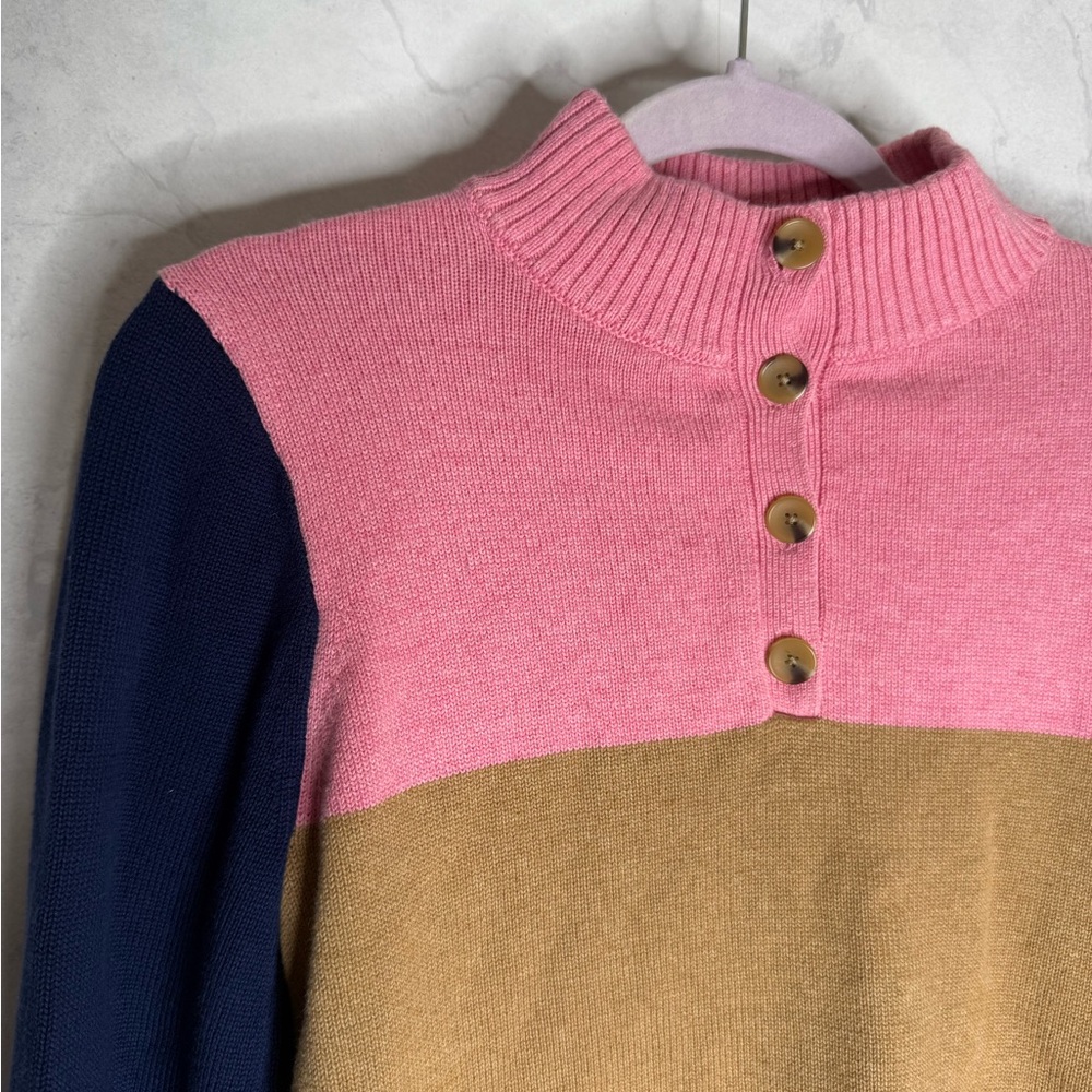 J. Crew cotton quarter button up pullover sweater in tri color pink size Small